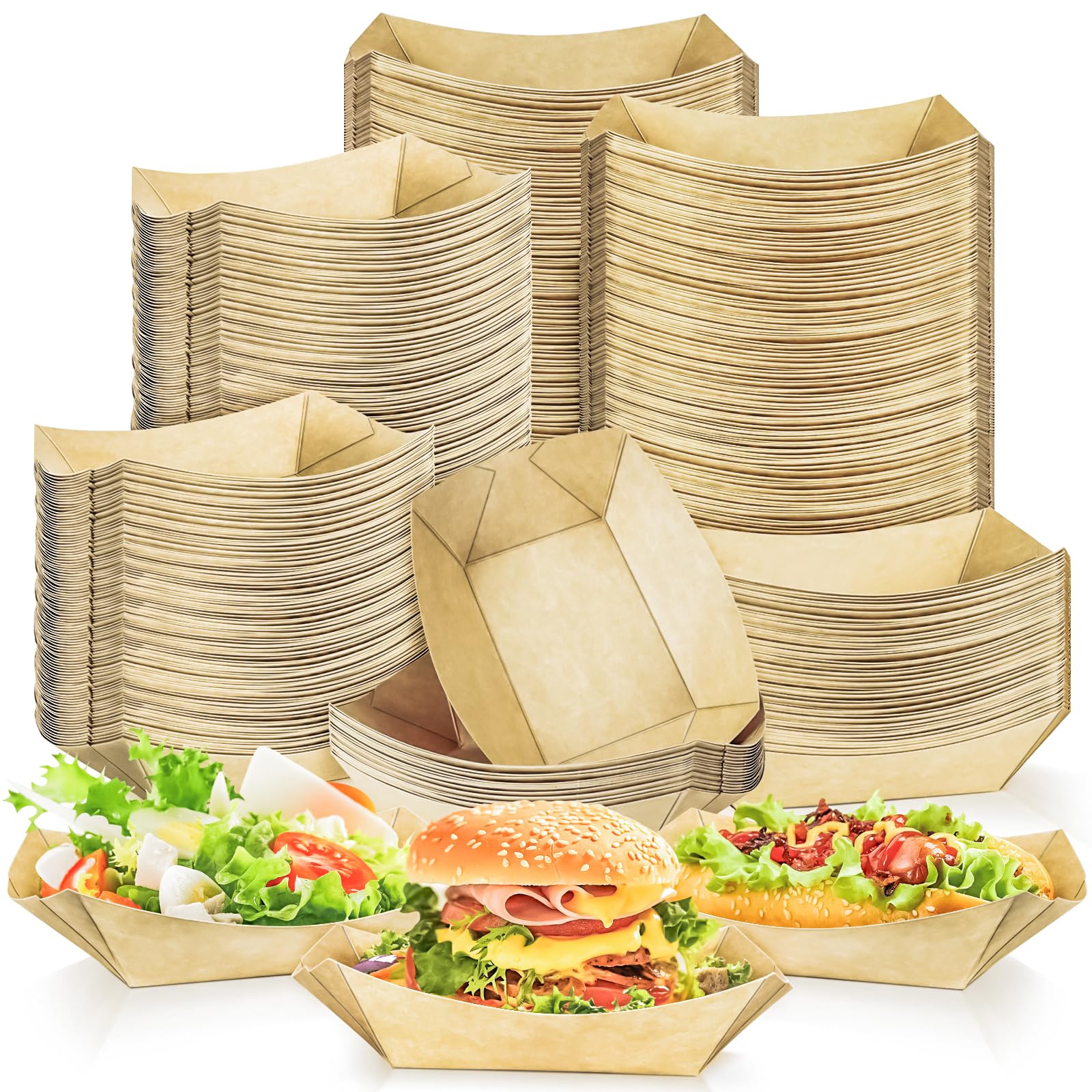 MotBach 200 Pack 2lb Kraft Paper Food Trays Disposable Paper Boats, Heavy-Duty Food Boats, Paper Food Serving Boat Tray Basket for Snacks Popcorns BBQ Sandwich Burgers Hot Dogs Tacos Fries Nachos