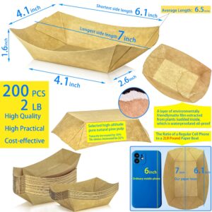 MotBach 200 Pack 2lb Kraft Paper Food Trays Disposable Paper Boats, Heavy-Duty Food Boats, Paper Food Serving Boat Tray Basket for Snacks Popcorns BBQ Sandwich Burgers Hot Dogs Tacos Fries Nachos