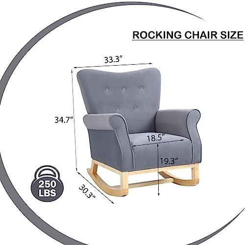 FurniTribe Nursery Rocking Chairs, Upholstered Velvet Nursery Glider Rocker with Comfy Armrest, Accent Nursing Rocking Chair with Solid Wood Legs for Baby Nursery (Gray)