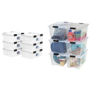 iris usa 30.6 quart weatherpro plastic storage box, 6 pack & plastic storage container bin with secure lid and latching buckles, 6 pack - clear