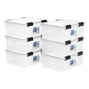 IRIS USA 30.6 Quart WEATHERPRO Plastic Storage Box, 6 Pack & Plastic Storage Container Bin with Secure Lid and Latching Buckles, 6 pack - Clear