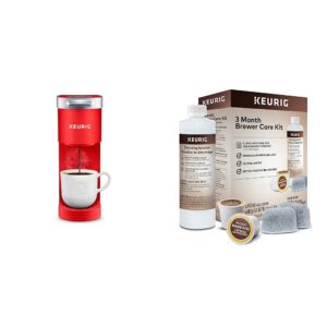 keurig k-mini single serve k-cup pod coffee maker, poppy red & 3-month brewer maintenance kit includes descaling solution, water filter cartridges & rinse pods, 7 count
