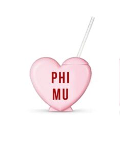 sorority shop phi mu tumbler with straw - candy heart shaped 16 oz tumbler with lid and silicone straw, reusable plastic cup with screen printed sorority name for any cold drink
