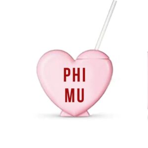 Sorority Shop Phi Mu Tumbler with Straw - Candy Heart Shaped 16 Oz Tumbler with Lid and Silicone Straw, Reusable Plastic Cup with Screen Printed Sorority Name for any Cold Drink