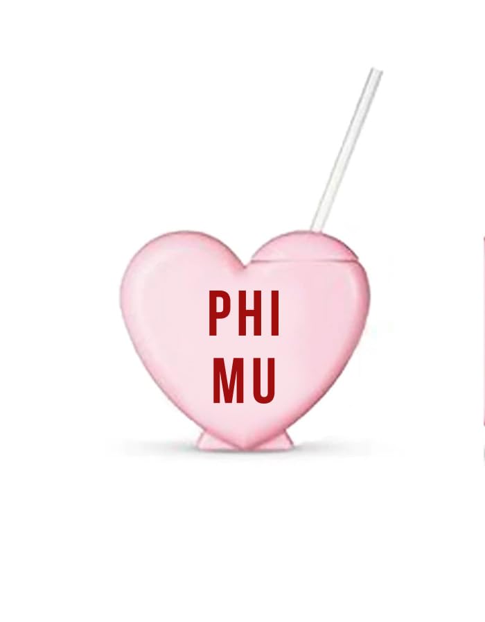 Sorority Shop Phi Mu Tumbler with Straw - Candy Heart Shaped 16 Oz Tumbler with Lid and Silicone Straw, Reusable Plastic Cup with Screen Printed Sorority Name for any Cold Drink