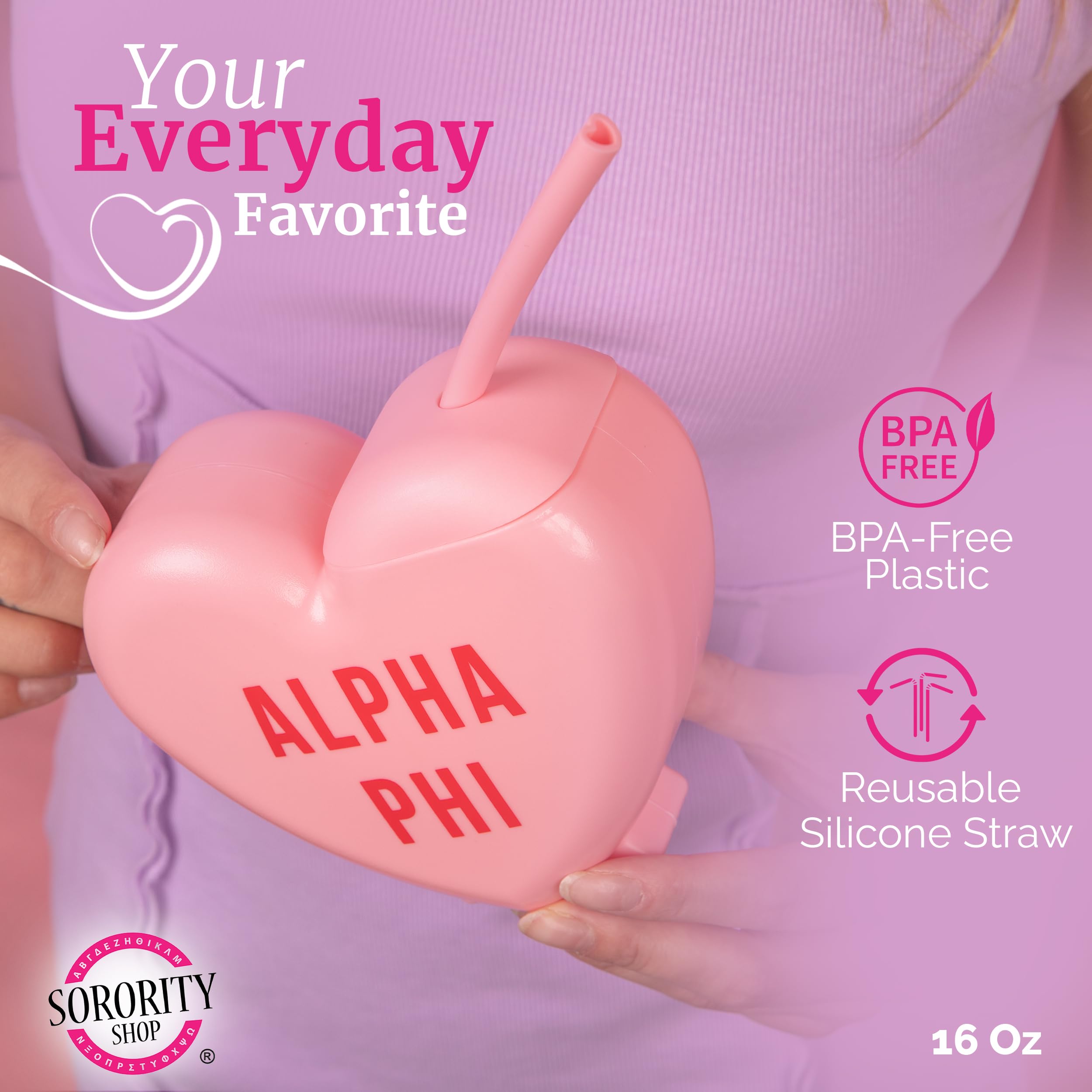 Sorority Shop Phi Mu Tumbler with Straw - Candy Heart Shaped 16 Oz Tumbler with Lid and Silicone Straw, Reusable Plastic Cup with Screen Printed Sorority Name for any Cold Drink