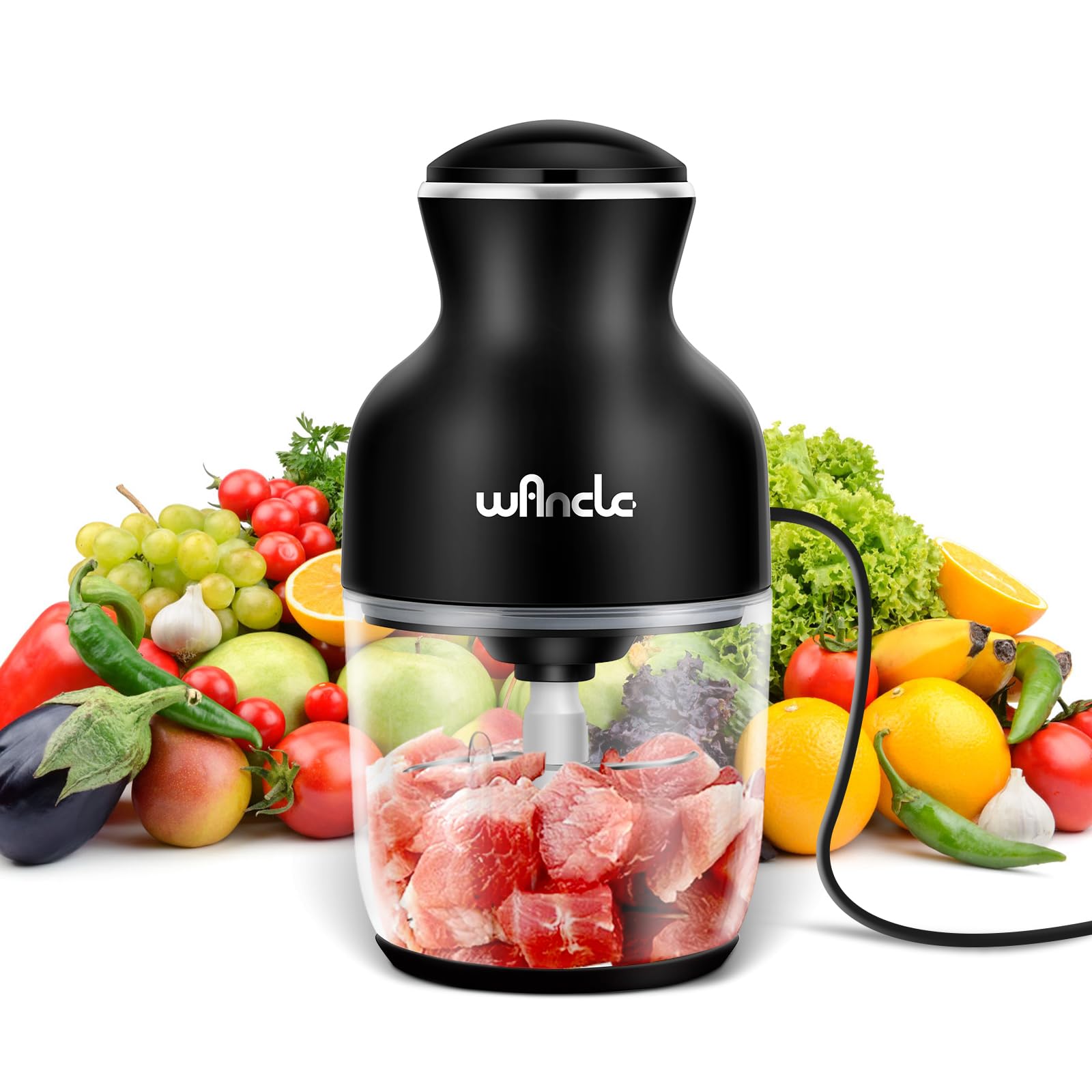 Wancle Food Processors, Multi-Functional Food Chopper, Meat Grinder & Veggie Chopper, Quiet, 600ML Glass Bowl Baby Food Maker, One-Touch Operation, 350W, Three-layer Blade(Black)