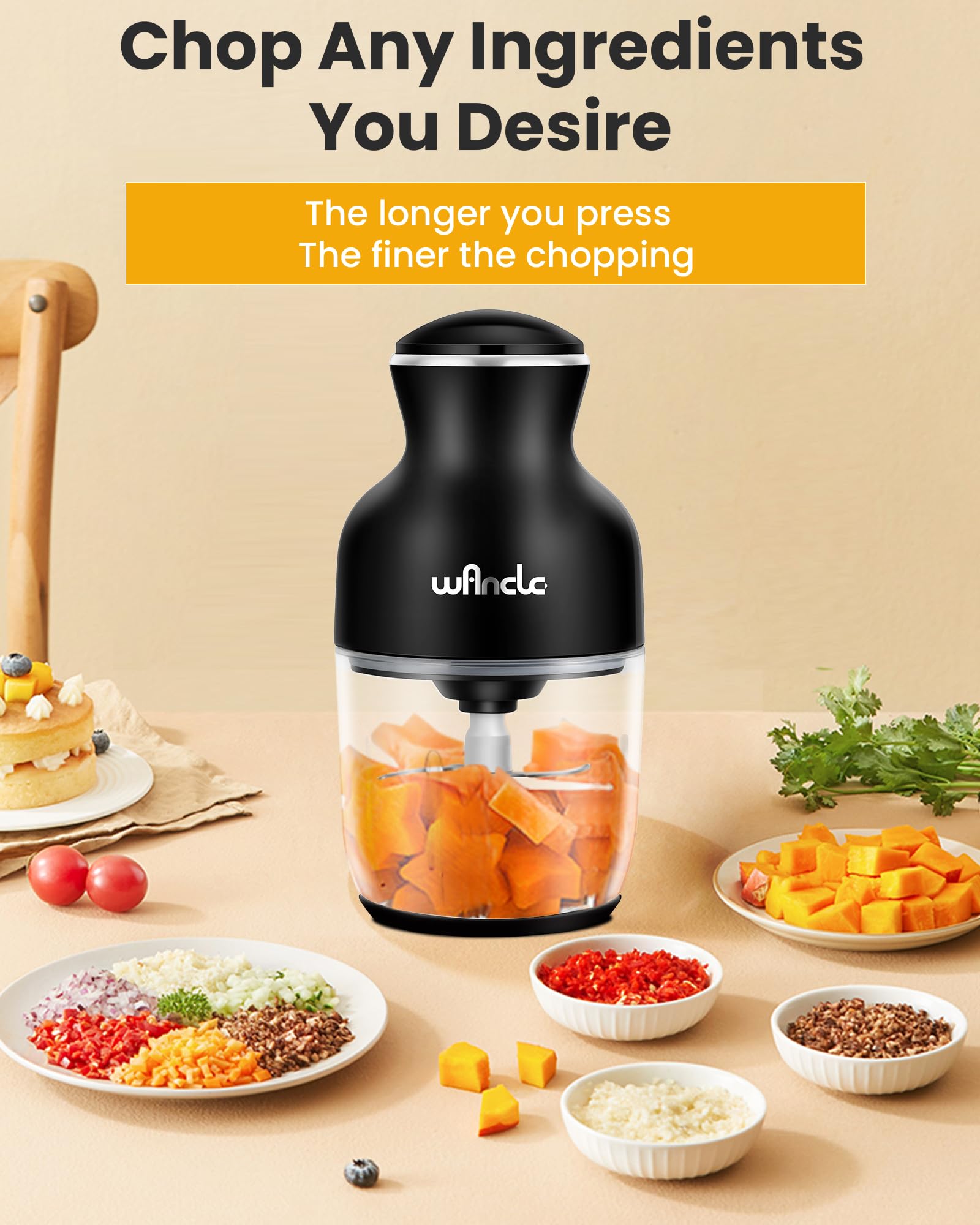Wancle Food Processors, Multi-Functional Food Chopper, Meat Grinder & Veggie Chopper, Quiet, 600ML Glass Bowl Baby Food Maker, One-Touch Operation, 350W, Three-layer Blade(Black)