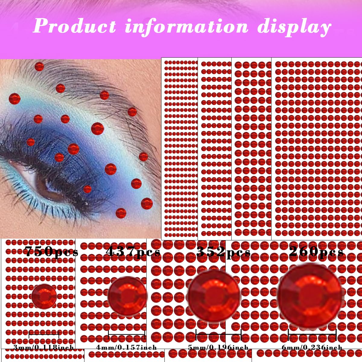 1792 Pcs Self Adhesive Rhinestones for Makeup Face Gems Stick on Face Jewels Eyes Gems Face Stickers Dotting Tools for Nail Art Body Eye Makeup Crafts Decoration Stick on Body Crystal Jewels (Big Red）