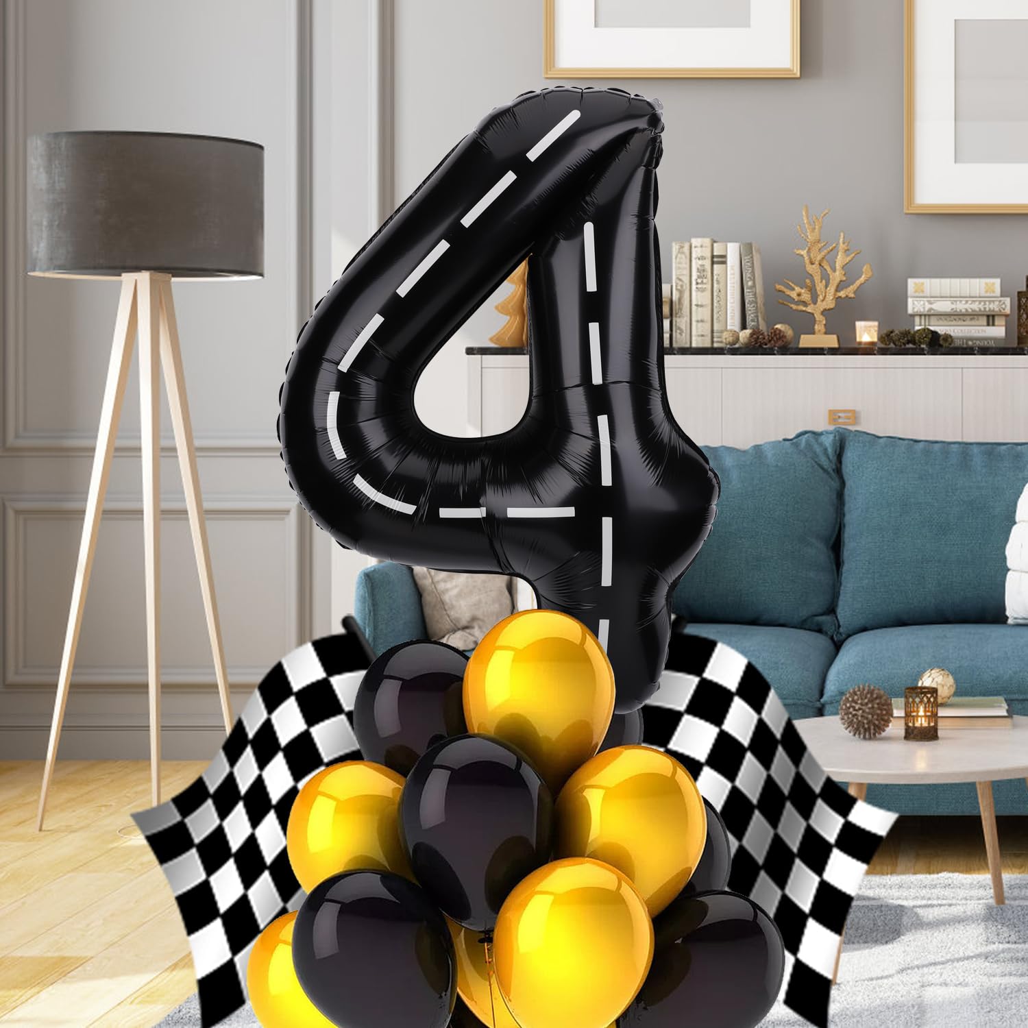 Race Car Balloon Number, 40 Inches Large Black Racetrack Number Balloon Race Car Birthday Balloons Race Car Theme Party Decorations for Boys' Birthday Party Baby Shower(4)