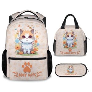 beoiibird cat backpack with lunch box set for girls, 3 in 1 school backpacks matching combo, cute orange bookbags and pencil case bundle