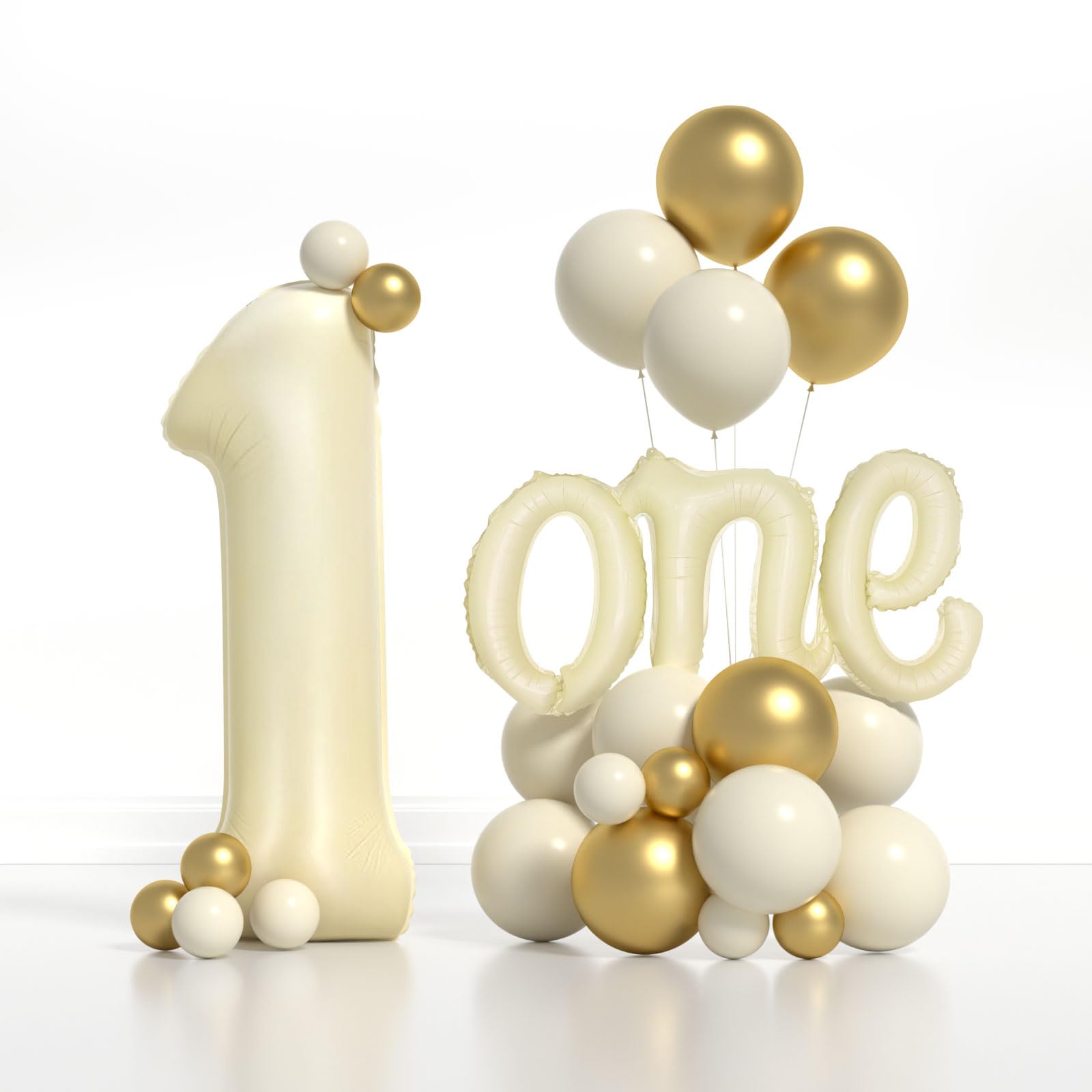 Boys or Girls 1st Birthday Decorations Kits - 40 Inch Cream Number 1 and 18 Inch one Foil Balloons Set with White Sand Metallic Gold Balloons Different Sizes 5 12 Inch for Kids First Birthday Party