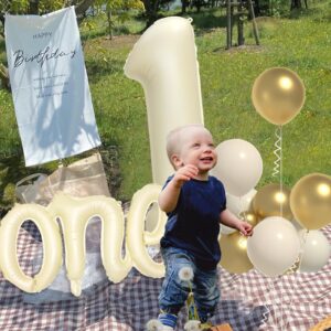 Boys or Girls 1st Birthday Decorations Kits - 40 Inch Cream Number 1 and 18 Inch one Foil Balloons Set with White Sand Metallic Gold Balloons Different Sizes 5 12 Inch for Kids First Birthday Party