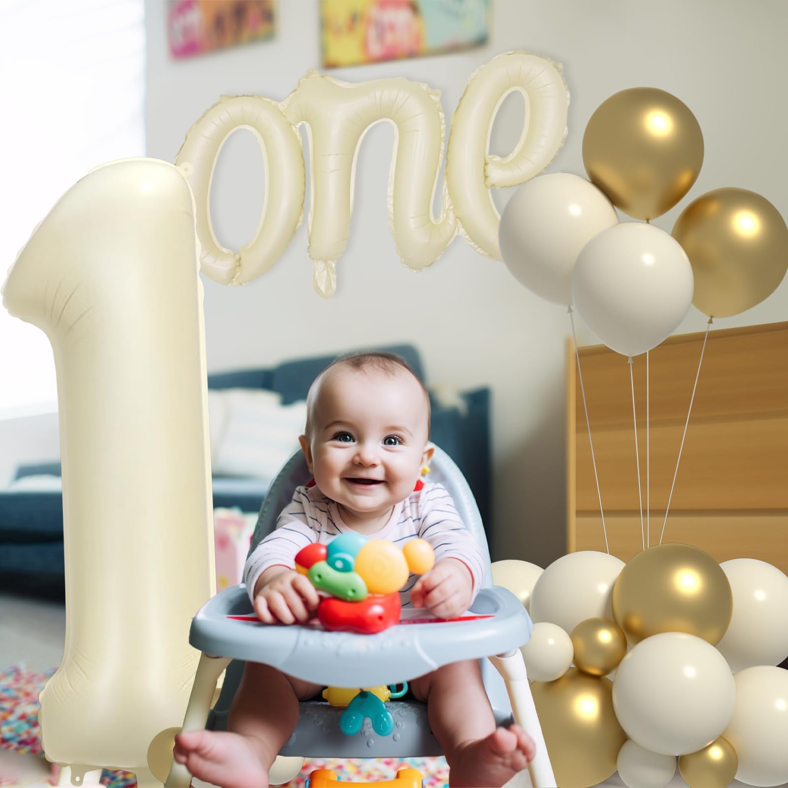 Boys or Girls 1st Birthday Decorations Kits - 40 Inch Cream Number 1 and 18 Inch one Foil Balloons Set with White Sand Metallic Gold Balloons Different Sizes 5 12 Inch for Kids First Birthday Party