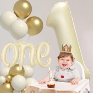 Boys or Girls 1st Birthday Decorations Kits - 40 Inch Cream Number 1 and 18 Inch one Foil Balloons Set with White Sand Metallic Gold Balloons Different Sizes 5 12 Inch for Kids First Birthday Party