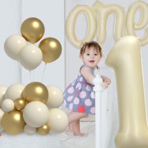 Boys or Girls 1st Birthday Decorations Kits - 40 Inch Cream Number 1 and 18 Inch one Foil Balloons Set with White Sand Metallic Gold Balloons Different Sizes 5 12 Inch for Kids First Birthday Party