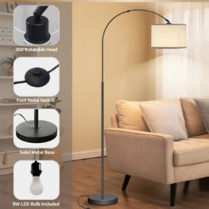 Lambaolom Arc floor lamps for living room,mid century modern black Standing tall lamp with Adjustable Hanging Drum Shade Foot Switch,for Over Couch Arched Reading Light Bedroom Office 9W LED Bulb