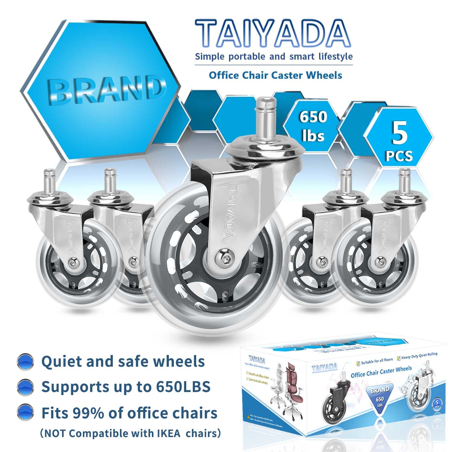 TAIYADA Silver Office Chair Wheels Replacement for Hardwood Floors and Carpet, Rubber Casters no Noise Safe Rolling, Set of 5 Heavy Duty Rollerblade Casters Fits 99% Office Chairs