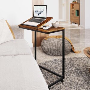 YELNOKU Couch Desk with Lockable Wheels, Slide Sofa Desk with Tiltable Drawing Board, Over Couch Arm Side Table Desk for Eating and Laptops, Portable Ergonomic Laptop Stand for Home Office Work, Brown