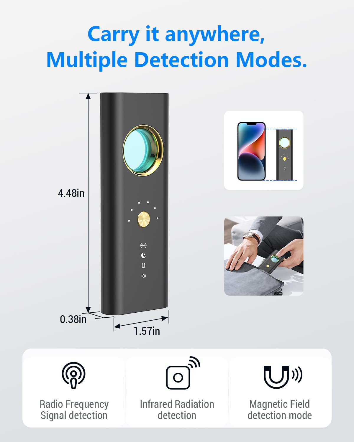 Hidden Camera Detectors and Bug Detector - RF and GPS Tracker Detector with 6 Sensitivity Levels and 4 Professional Modes for Office, Hotels, Bathroom