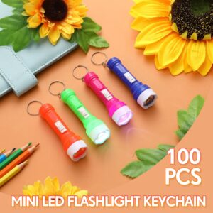 Kigeli 100 Pcs Mini Flashlight Keychain Bulk for Kids Small LED Keyring Mini Pocket Flashlights, Bright Tiny Light, 4 Colors for Hiking Camping Night Reading Dog Walking Halloween Party