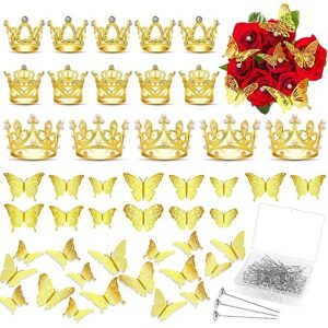 cridoz 163pcs flower bouquet accessories, 15pcs mini crowns with 48pcs gold 3d butterfly decorations and 100pcs corsage boutonniere pins for flower arrangements, small crowns for cake topper