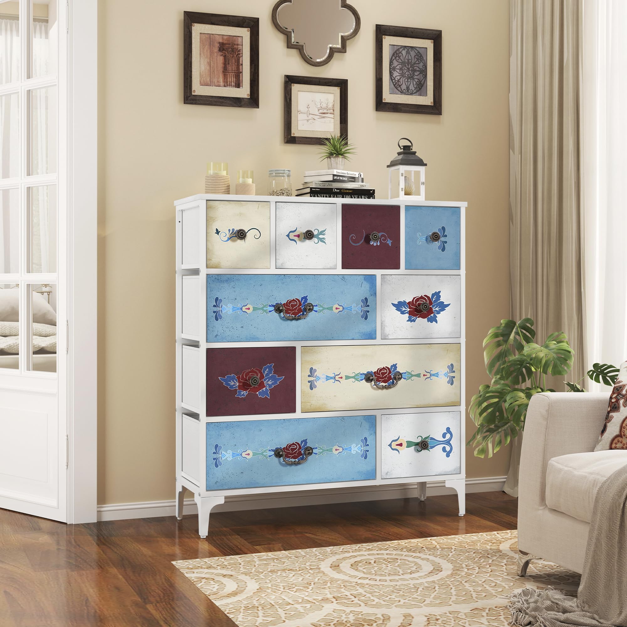 LYNCOHOME Boho Dresser for Bedoroom, Tall Dresser with 10 Drawers, White Chest of Drawers, Dresser Organizer for Closet, Entryway, Living Room, Nursery Room, Hallway