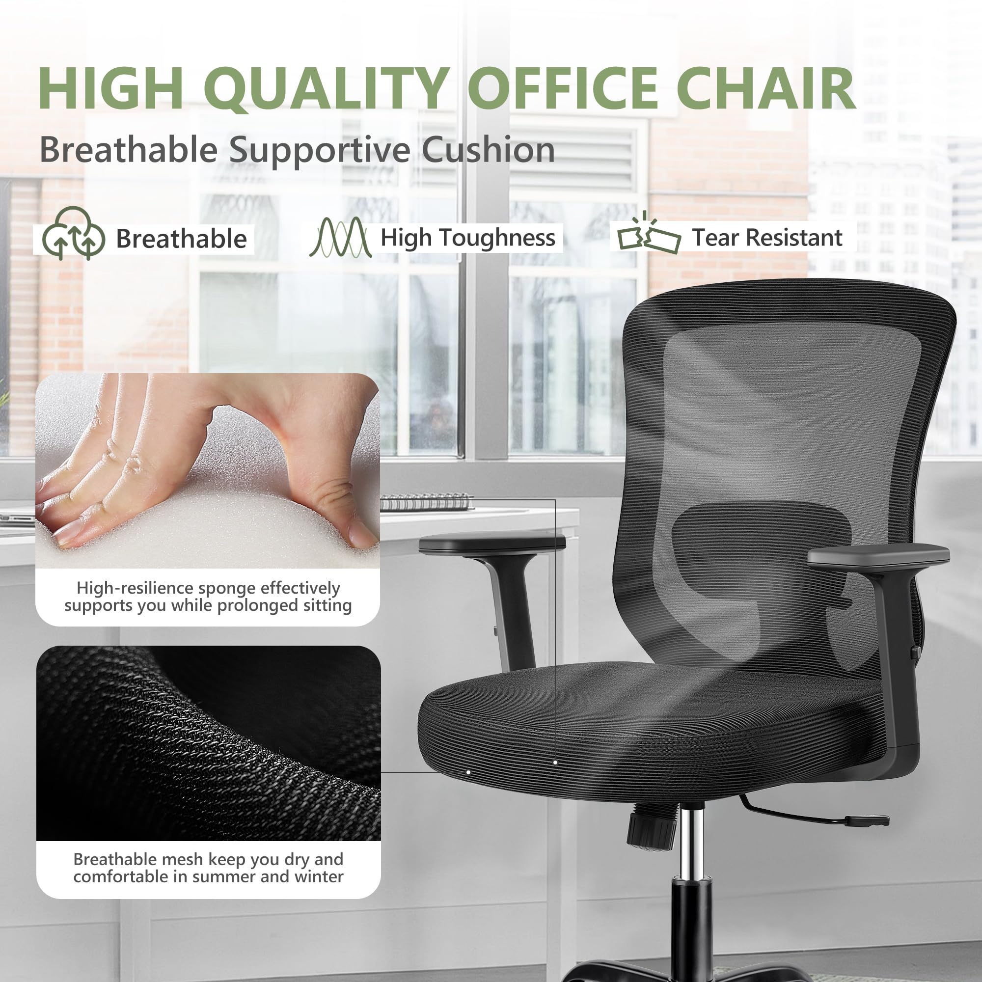 Winrise Office Chair, Ergonomic Home Office Desk Chairs, Breathable Mesh Comfortable Work Chair Adjustable 2D Armrests, Rocking Executive Chair, Swivel Task Chair with Lumbar Support (Black)