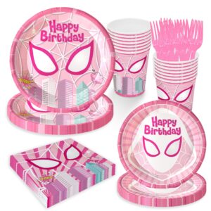 auroraparty 120pcs super girl hero birthday party supplies spider pink ghost gwen birthday plates napkins cups paper disposable banner tablecloth birthday tableware decorations severs 24 guests
