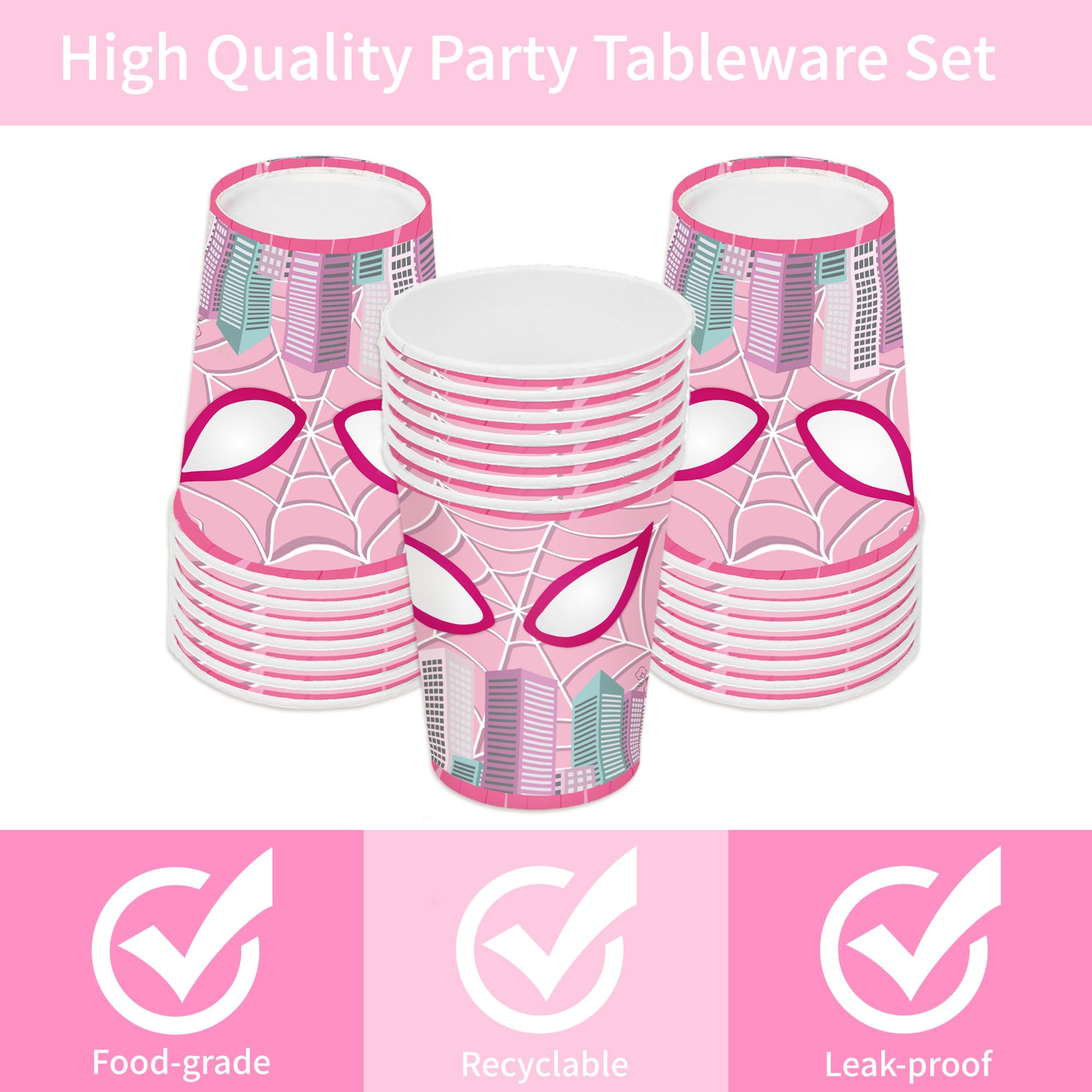 AURORAPARTY 120pcs Super Girl Hero Birthday Party Supplies Spider Pink Ghost Gwen Birthday Plates Napkins Cups Paper Disposable Banner Tablecloth Birthday Tableware Decorations Severs 24 Guests