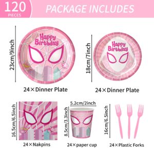 AURORAPARTY 120pcs Super Girl Hero Birthday Party Supplies Spider Pink Ghost Gwen Birthday Plates Napkins Cups Paper Disposable Banner Tablecloth Birthday Tableware Decorations Severs 24 Guests