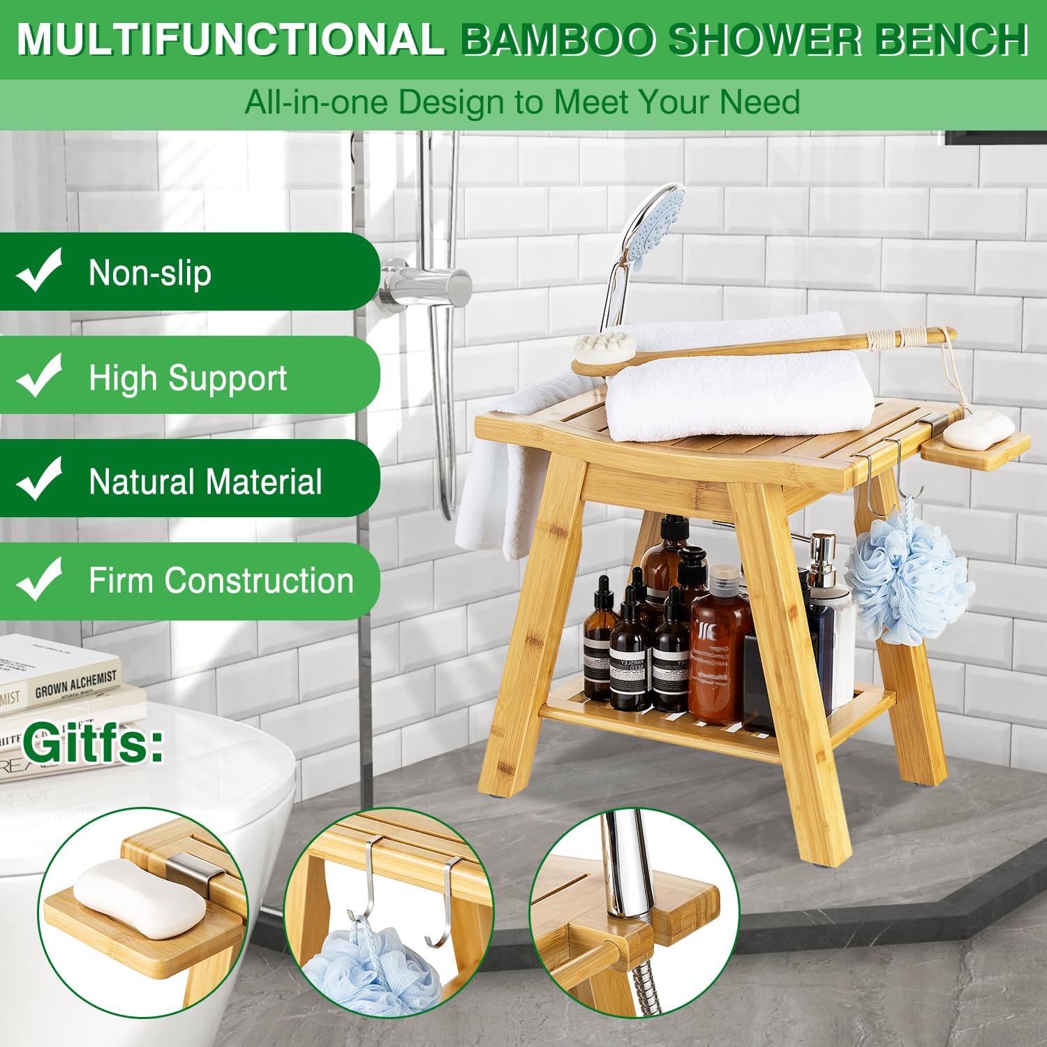 ETECHMART Bamboo Shower Bench Seat, A-Shaped Bath Spa Stool with Storage Shelf for Legs Shaving Inside Shower or Bathroom, Waterproof Wooden Shower Chair for Seniors Adults Disabled Elderly, Bamboo