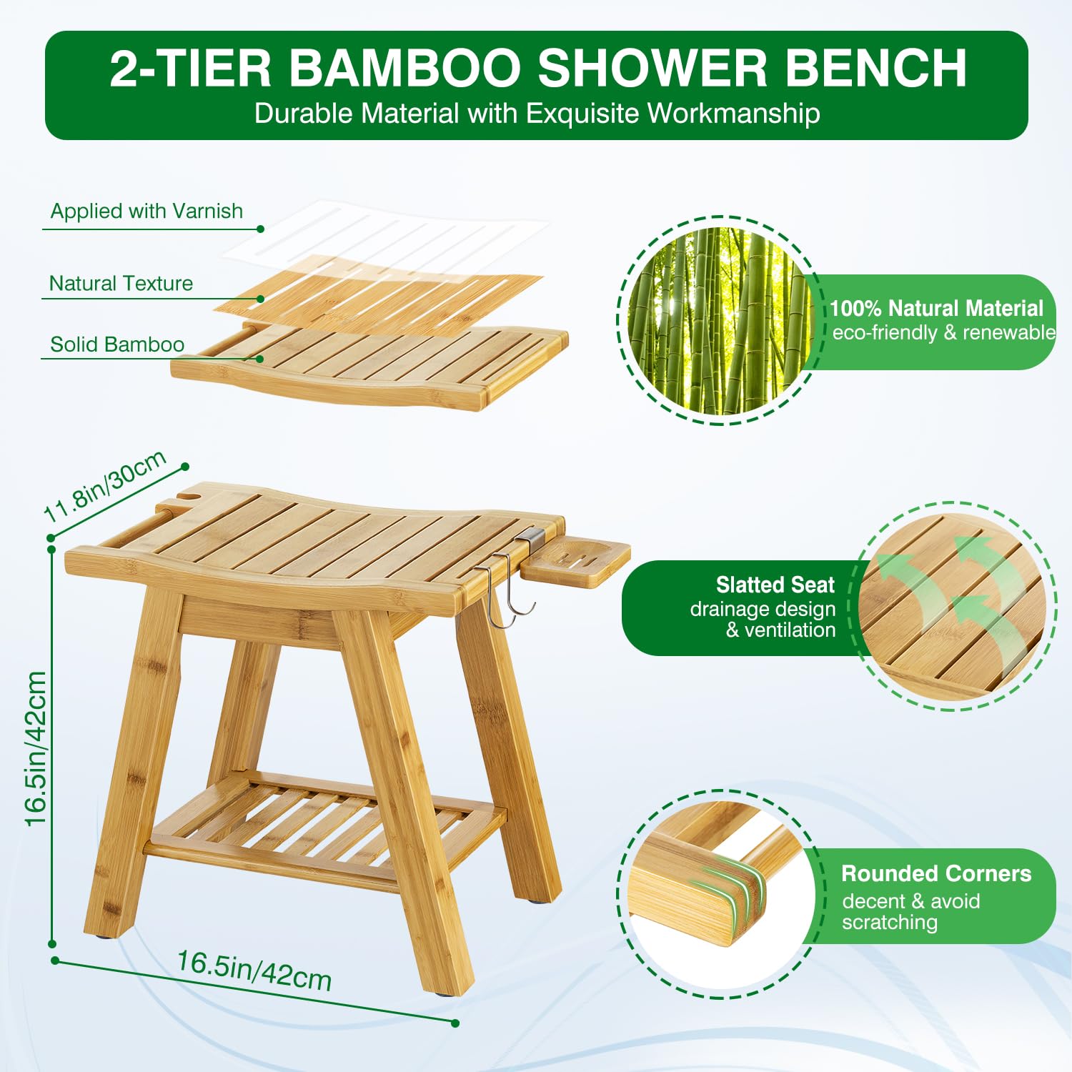 ETECHMART Bamboo Shower Bench Seat, A-Shaped Bath Spa Stool with Storage Shelf for Legs Shaving Inside Shower or Bathroom, Waterproof Wooden Shower Chair for Seniors Adults Disabled Elderly, Bamboo