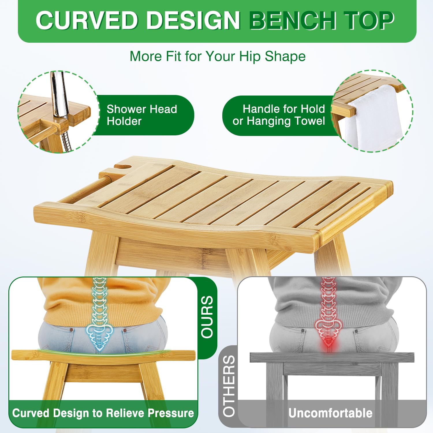 ETECHMART Bamboo Shower Bench Seat, A-Shaped Bath Spa Stool with Storage Shelf for Legs Shaving Inside Shower or Bathroom, Waterproof Wooden Shower Chair for Seniors Adults Disabled Elderly, Bamboo