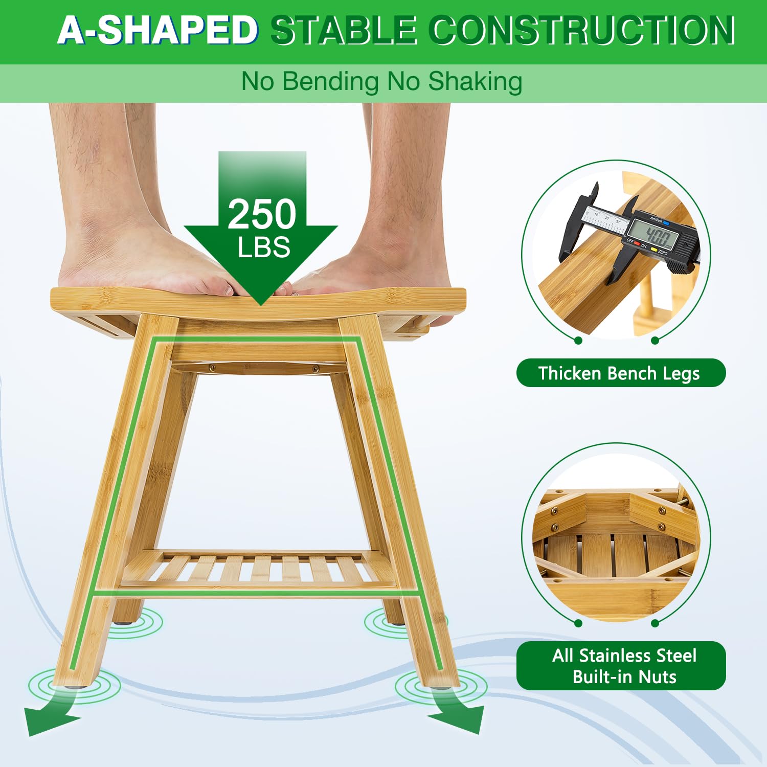 ETECHMART Bamboo Shower Bench Seat, A-Shaped Bath Spa Stool with Storage Shelf for Legs Shaving Inside Shower or Bathroom, Waterproof Wooden Shower Chair for Seniors Adults Disabled Elderly, Bamboo