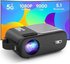mini projector for iphone, 5g wifi bluetooth projector, 9000 lumen 1080p supported portable projector with ±15°/4p/4d keystone & 50% zoom, outdoor projector compatible with gaming/pc/tv stick (grey)