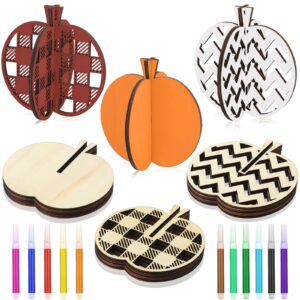 huwena 24 pcs pumpkin wood diy crafts cutouts with 12 colored markers unfinished pumpkin wood slices diy crafts fall pumpkin decor freestanding pumpkin ornaments for autumn party table tiered tray