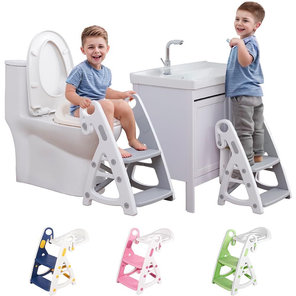 Beavtaens Potty Training Seat: 2 in 1 Design Potty Seat for Toilet & Nursery Step Stool for Sink Potty Training Toilet with Height Adjustable Ladder for Kids of All Ages (Gray)