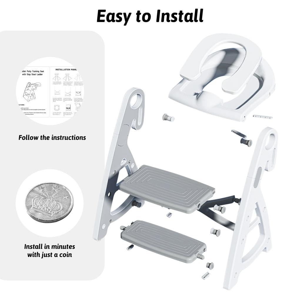 Beavtaens Potty Training Seat: 2 in 1 Design Potty Seat for Toilet & Nursery Step Stool for Sink Potty Training Toilet with Height Adjustable Ladder for Kids of All Ages (Gray)