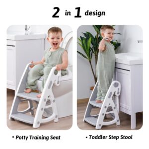 Beavtaens Potty Training Seat: 2 in 1 Design Potty Seat for Toilet & Nursery Step Stool for Sink Potty Training Toilet with Height Adjustable Ladder for Kids of All Ages (Gray)