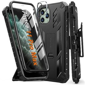 fntcase for iphone 11 pro max case: with belt-clip holster & built-in screen protector & kickstand, full-body dual layer rugged heavy duty military shockproof protective cell phone cover -black