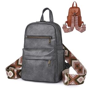 sling bag with 2 guitar strap for women vintage pu leather chest bag casual crossbody shoulder daypack for hiking (grey)