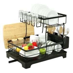 zhithink dish drying rack for kitchen counter, large dish rack, kitchen drying rack, dishes drying rack, kitchen dish drying rack, kitchen drying rack for dishes, 2 tier dish drainers black