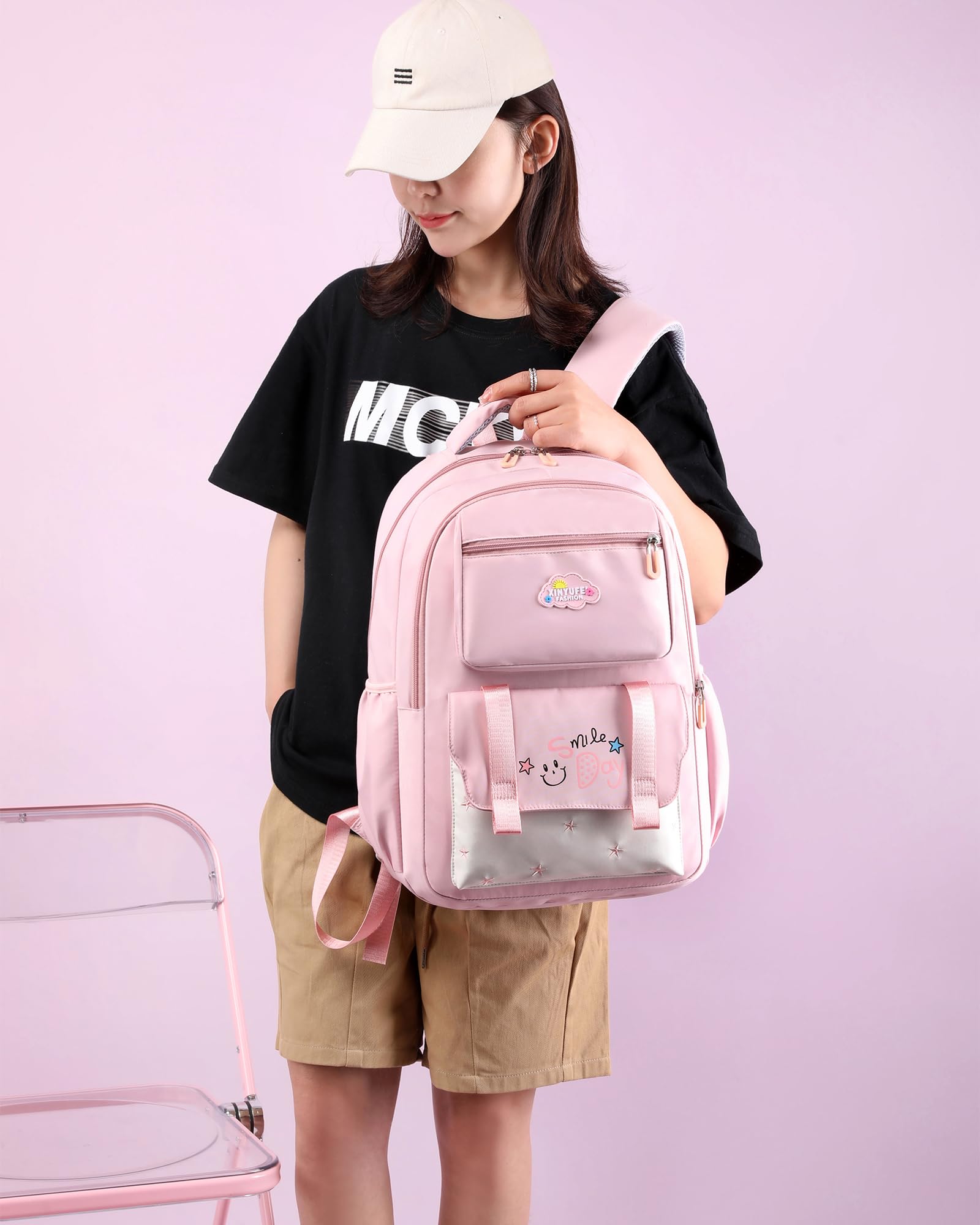 Makukke Backpack for Girls Kids, Cute Kawaii School Bag Lightweight Bookbag Backpack for Middle & High School with Anti Theft Pocket, Pink Backpack