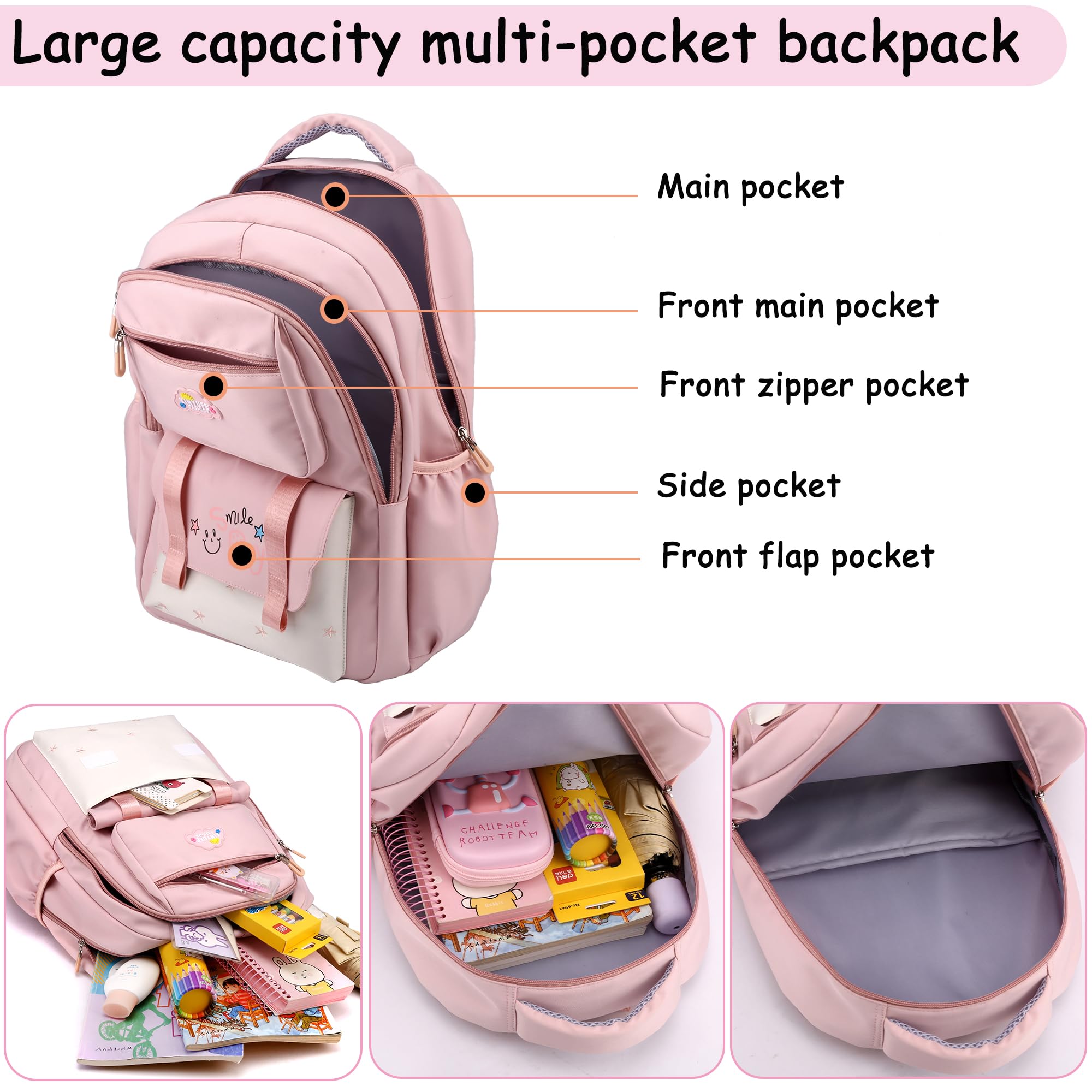 Makukke Backpack for Girls Kids, Cute Kawaii School Bag Lightweight Bookbag Backpack for Middle & High School with Anti Theft Pocket, Pink Backpack