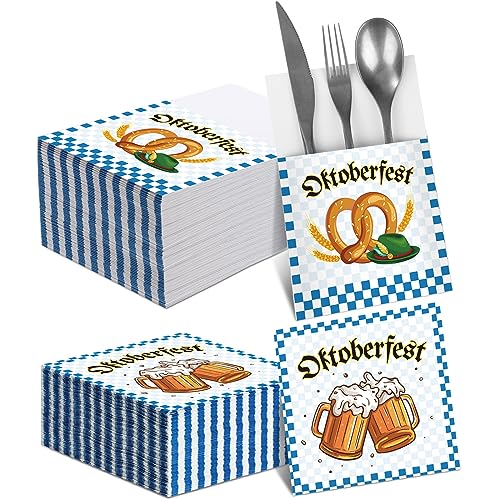 Uiifan 72 Pieces Oktoberfest Silverware Holders and Cocktail Napkins Set 36 Oktoberfest Paper Luncheon Napkins 36 Cutlery Holders for German Bavarian Beer Party Dinnerware Decoration Supplies