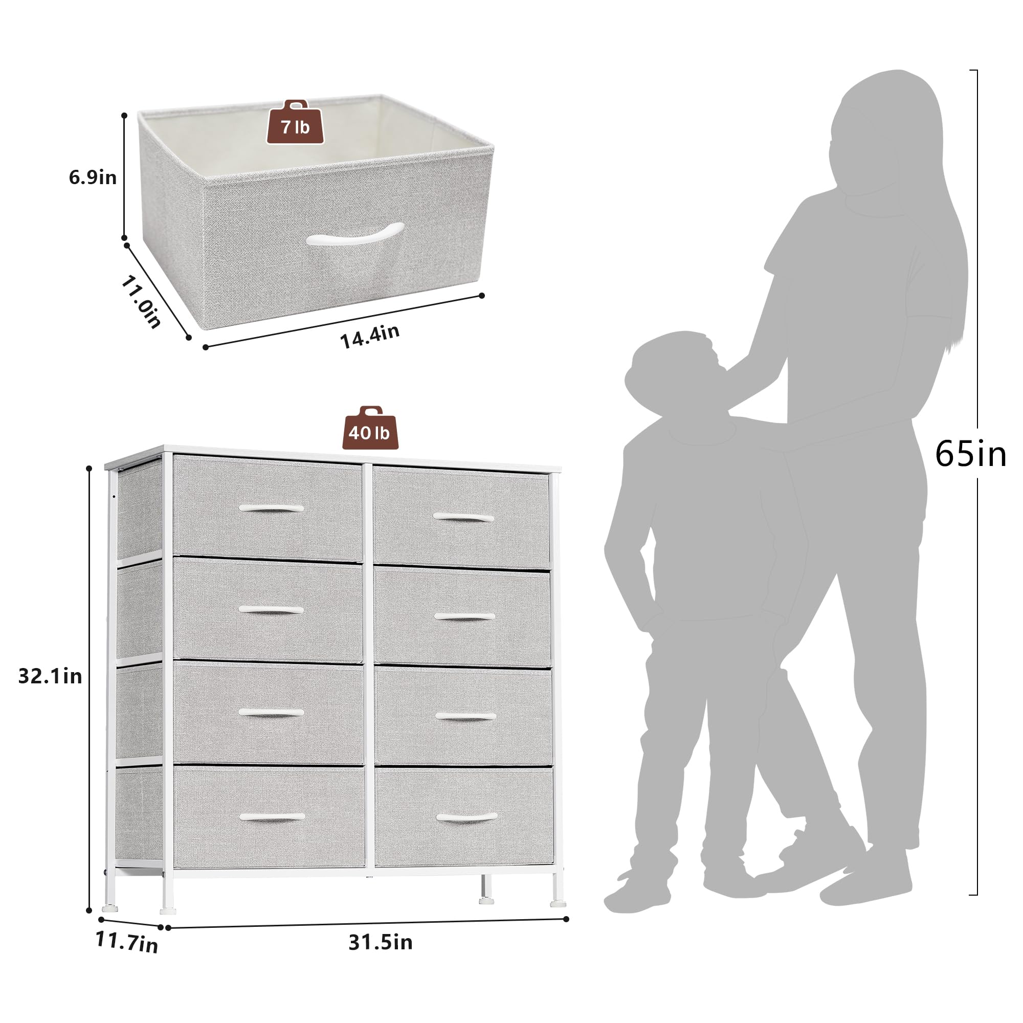 LYNCOHOME Dresser for Bedroom with 8 Drawers, Fabric Dresser for Baby Kids, Dresser Organizer, Sturdy Steel Frame, Lightweight and Movable Chest of Drawers, Snow Gray