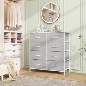 LYNCOHOME Dresser for Bedroom with 8 Drawers, Fabric Dresser for Baby Kids, Dresser Organizer, Sturdy Steel Frame, Lightweight and Movable Chest of Drawers, Snow Gray