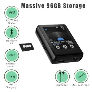 96GB MP3 Player with Bluetooth 5.3, Full Touch Screen Portable Music Player with FM Radio, HD Speaker, HiFi Sound, Voice Recorder, Earphones Included