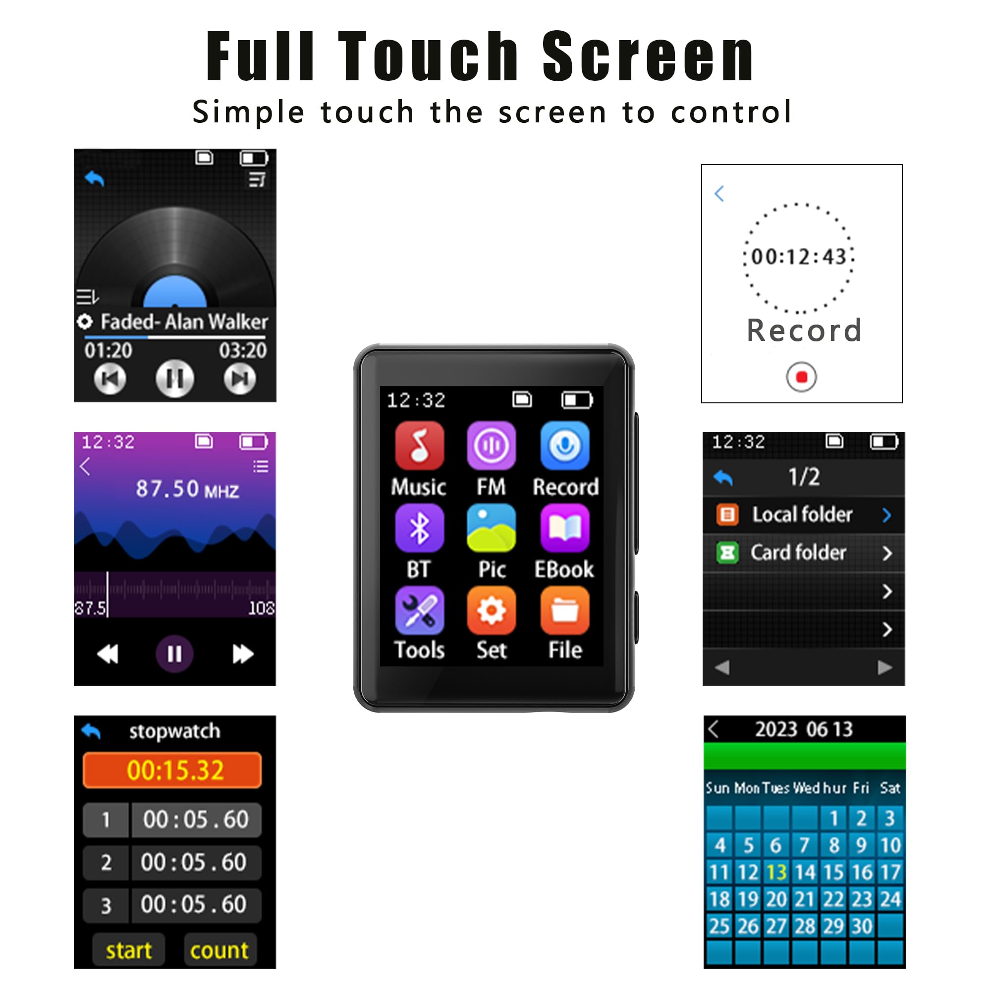 96GB MP3 Player with Bluetooth 5.3, Full Touch Screen Portable Music Player with FM Radio, HD Speaker, HiFi Sound, Voice Recorder, Earphones Included